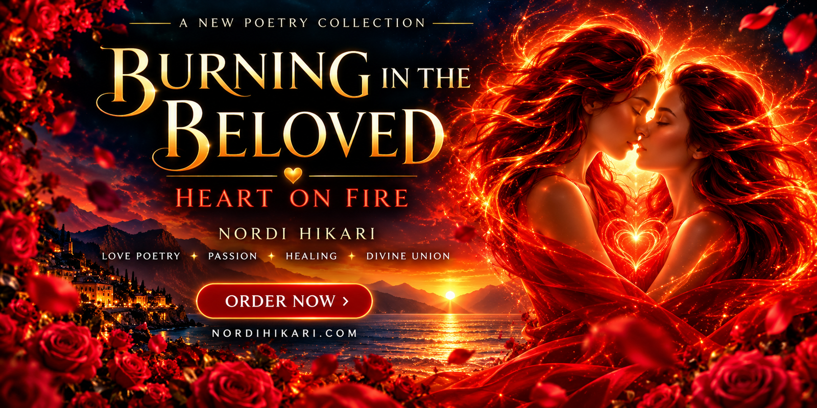 Burning in the Beloved: Heart on Fire by Nordi Hikari, a love poetry collection featuring two women surrounded by glowing red roses, golden light, and a fiery sunset.